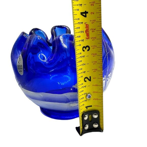 Vintage Fenton Cobalt Blue Rose Bowl hand Painted Signed Snow Winter Scene - Picture 13 of 13